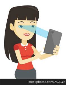 Smiling asian woman using smart mobile phone with retina scanner. Young happy woman using iris scanner to unlock her mobile phone. Vector flat design illustration isolated on white background.. Woman using iris scanner to unlock mobile phone.