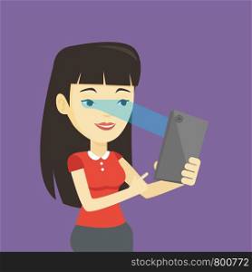 Smiling asian woman using smart mobile phone with retina scanner. Young happy woman using iris scanner to unlock her mobile phone. Vector flat design illustration. Square layout.. Woman using iris scanner to unlock mobile phone.