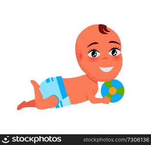Smiling baby infant in diaper playing with color ball laying on floor, cartoon design vector illustration with little child isolated on white background. Smiling Baby Infant in Diaper Playing Color Ball