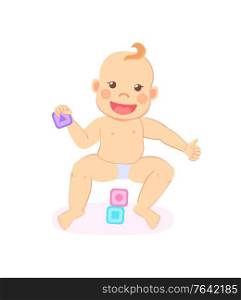 Smiling baby playing with wooden blocks isolated. Vector milestones kid constructing pyramid of bricks, 6-12 months toddler sitting on floor and smiling. Smiling Baby Playing with Wooden Blocks Isolated