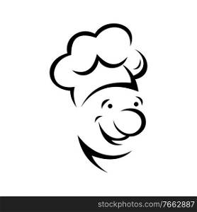 Smiling baker in white hat isolated man portrait. Vector chef cook in toque cap outline silhouette. Funny chef cook face isolated happy baker
