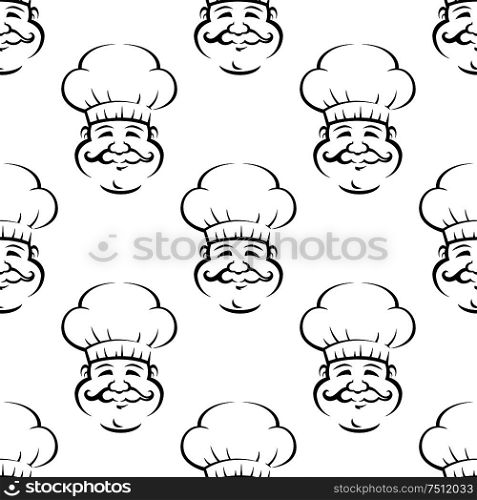 Smiling baker or chef with curly moustache seamless pattern on white background for restaurant or food themes design. Smiling baker or chef seamless pattern