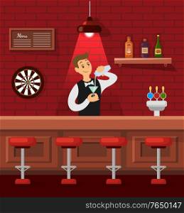 Smiling bartender pouring cocktail in glass, party entertainment. Bottles on shelf, menu board, darts game, counter bar, celebration holiday vector. Counter Bar, Bartender Pouring Cocktail Vector