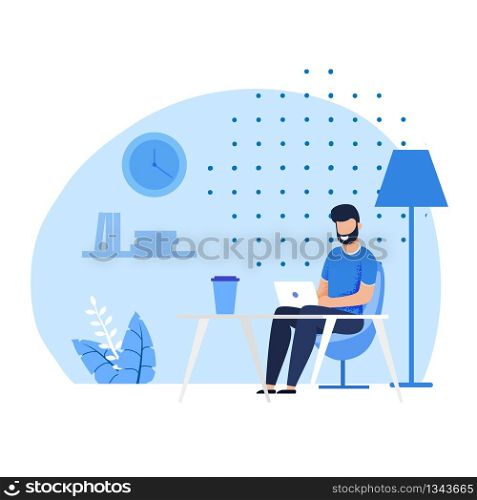Smiling Bearded Caucasian Man Character Having Coffee Beak at Comfortable Coworking Office. Flat Freelancer Watching Funny Video, Chatting Social Media, Typing Message on Laptop. Vector Illustration. Man Has Coffee Beak Resting with Laptop at Office