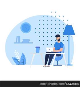 Smiling Bearded Caucasian Man Character Having Coffee Beak at Comfortable Coworking Office. Flat Freelancer Watching Funny Video, Chatting Social Media, Typing Message on Laptop. Vector Illustration. Man Has Coffee Beak Resting with Laptop at Office
