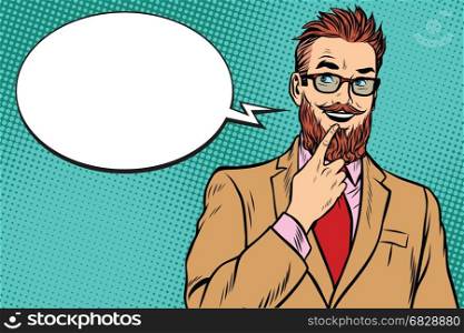 smiling bearded hipster businessman was up to something, a finger to her lips. Pop art retro vector illustration. bearded hipster businessman was up to something, a finger to her