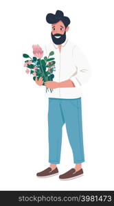 Smiling bearded man with floral arrangement semi flat color vector character. Standing figure. Full body person on white. Simple cartoon style illustration for web graphic design and animation. Smiling bearded man with floral arrangement semi flat color vector character