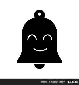 Smiling bell glyph icon. Happy notifications, announcements. Reminder alarm. Emoji, emoticon. Silhouette symbol. Negative space. Vector isolated illustration. Smiling bell glyph icon