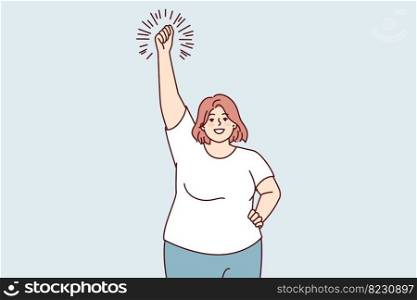 Smiling big size woman doing warm-up raising hands up leads active lifestyle. Girl in casual clothes making stretching before going to fitness room or sports club. Flat vector illustration. Smiling big size woman doing warm-up raising hands up leads active lifestyle. Vector image