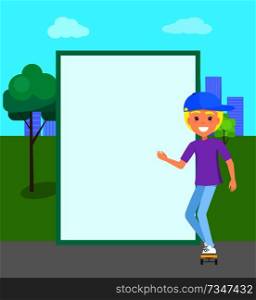 Smiling blond boy in blue cap riding on skateboard at skatepark vector illustration with place for text, young boy skater skateboarding, extreme rider. Smiling Blond Boy Ride on Skateboard at Skatepark