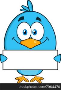Smiling Blue Bird Cartoon Character Holding A Blank Sign