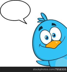 Smiling Blue Bird Character Looking From A Corner With Speech Bubble