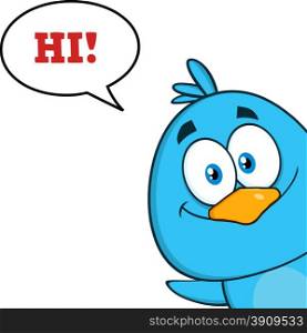 Smiling Blue Bird Character Looking From A Corner With Speech Bubble And Text