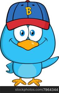 Smiling Blue Bird Character With Baseball Hat Waving