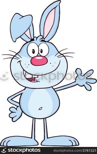 Smiling Blue Rabbit Cartoon Character Waving For Greeting