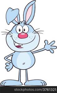 Smiling Blue Rabbit Cartoon Character Waving For Greeting