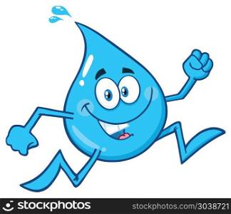 Smiling Blue Water Drop Cartoon Mascot Character Running. Vector Illustration Isolated On White Background