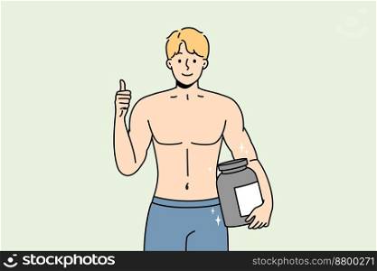 Smiling bodybuilder holding protein bottle recommend healthy lifestyle. Happy muscular guy with nutrition supplement in hands. Sport and diet. Vector illustration. . Smiling bodybuilder with protein in hands 