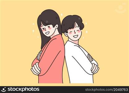 Smiling boy and girl children back to back show family unity and bonding. Happy teen siblings brother and sister have good relationships. Friendship concept. Vector illustration, cartoon character. . Happy teen siblings smile show family unity