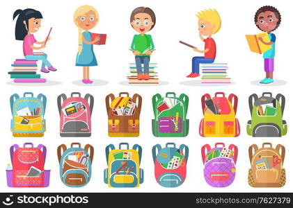 Smiling boy and girl reading book, educational object. School bag set, learn homework, pupils with textbook sitting on stack of books, student character vector. Back to school concept. Flat cartoon. Pupil Reading Book, School Bag, Study Sign Vector