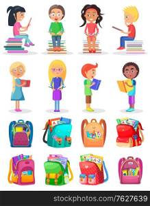 Smiling boy and girl reading book, educational object. School bag set, learn homework, pupils with textbook sitting on stack of books, student character vector. Back to school concept. Flat cartoon. Pupil Reading Book, School Bag, Study Sign Vector