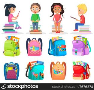 Smiling boy and girl reading book, educational object. School bag set, learn homework, pupils with textbook sitting on stack of books, student character vector. Back to school concept. Flat cartoon. Pupil Reading Book, School Bag, Study Sign Vector