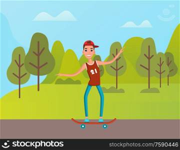 Smiling boy balancing on skateboard, person in casual clothes and cap skating near green trees and mountain landscape, portrait view of skater vector. Skating Boy Outdoor, Mountain Landscape Vector
