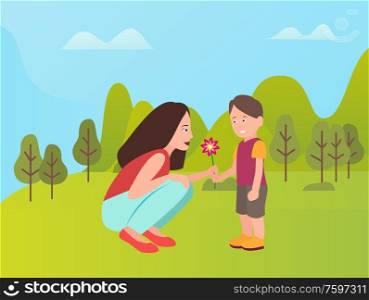 Smiling boy giving present to mother vector people in cartoon style. Little son and young woman outdoors in green park with trees. Spending time together at spring. Smiling Boy Giving Present to Mother Vector People