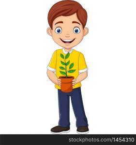 Smiling boy holding a potted plant in hand