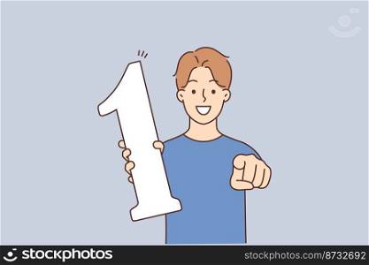 Smiling boy holding number one in hands point at camera. Happy child show with finger make choice. Best option. Vector illustration. . Smiling boy hold number one point at screen 