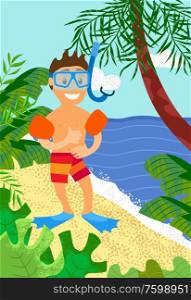 Smiling boy in diving mask, sleeves and flippers having fun at river or sea cost. Vector summertime, young guy going to dive in sea, green leaves and palms. Smiling Boy in Diving Mask, Sleeves and Flippers