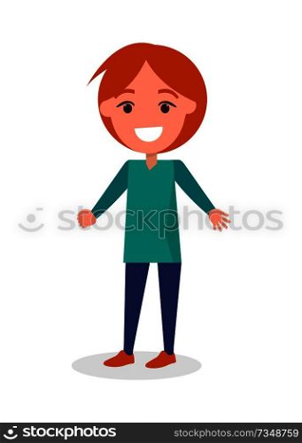 Smiling boy in green sweater and black trousers, kindergarten cartoon kid vector illustration isolated on white background. Smiling Boy in Sweater and Trousers Isolated White