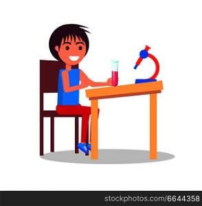 Smiling boy sitting at desk with flask in hands, schoolchild doing laboratory on chemistry using microscope vector illustration isolated on white background. Child Doing Laboratory on Chemistry Microscope
