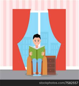Smiling boy sitting on armchair and reading book. Interior of room, bedside table, panoramic windows with curtains, view of buildings, literature vector. Boy Sitting on Armchair and Reading Book Vector