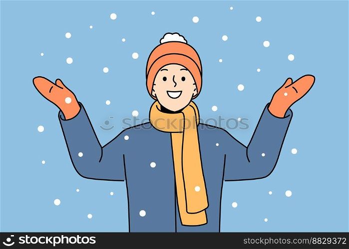 Smiling boy standing outside feel excited with snow. Happy child in outerwear overjoyed with winter holidays. Vector illustration. . Happy child excited with snow