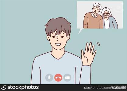 Smiling boy waving talking on video call with happy grandparents. Happy child have webcam conversation online with family. Vector illustration. . Smiling boy talk on webcam with grandparents 