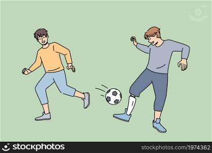Smiling boy with prosthesis leg play football with friend in yard. Happy disabled kid have fun engaged in ball game activity. Hobby. Healthcare and equality concept. Flat vector illustration. . Smiling boy with prosthesis play football with friend