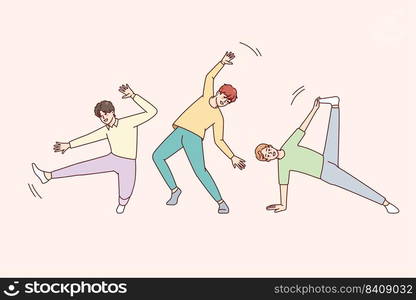 Smiling boys children dancing together. Happy guys have fun engaged in dancer activities. Hobby and entertainment concept. Vector illustration. . Smiling boys dancing together 