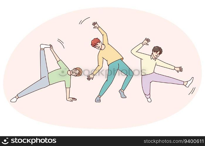 Smiling boys children dancing together. Happy guys have fun engaged in dancer activities. Hobby and entertainment concept. Vector illustration.. Smiling boys dancing together