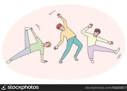 Smiling boys children dancing together. Happy guys have fun engaged in dancer activities. Hobby and entertainment concept. Vector illustration.. Smiling boys dancing together