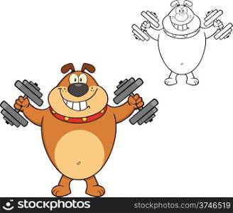 Smiling Brown Bulldog Cartoon Mascot Character Training With Dumbbells
