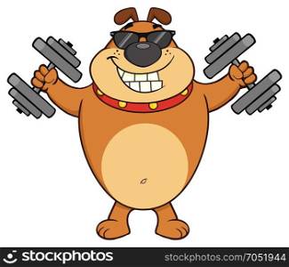 Smiling Brown Bulldog Cartoon Mascot Character With Sunglasses Working Out With Dumbbells