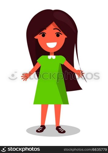 Smiling brunette girl with long hair in green dress, kindergarten cartoon kid vector illustration isolated on white background. Smiling Brunette Girl with Long Hair in Dress