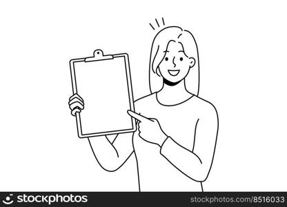 Smiling busi≠sswoman showing folder with white mockup paper. Happy woman employee demonstrate paperwork comp≤ted task at workplace. Vector illustration. . Smiling busi≠sswoman show competed task 