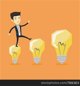 Smiling business man hopping onto idea light bulbs. Young asian business man jumping on idea light bulbs. Concept of successful business idea. Vector flat design illustration. Square layout.. Business man jumping on light bulbs.