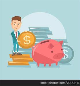 Smiling business man putting money in a big pink piggy bank. Young caucasian business man saving his money in piggy bank. Concept of saving money. Vector flat design illustration. Square layout.. Business man putting coin in piggy bank.
