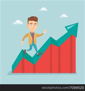 Smiling business man standing on profit chart. Caucasian successful business man running along the profit chart. Concept of business profit. Vector flat design illustration. Square layout.. Business man standing on profit chart.
