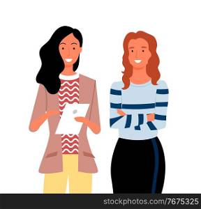 Smiling business pretty woman with tablet in hands isolated cartoon characters. Vector group portrait of female managers, coworkers in flat design. Smiling Business Pretty Women with Tablet in Hands