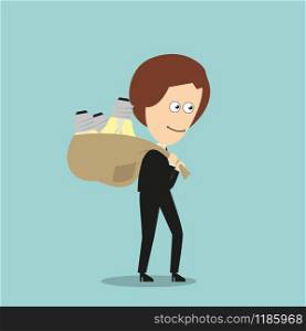 Smiling business woman carrying sack full of bright shiny idea light bulbs. Cartoon flat style. Business woman with sack of idea light bulbs