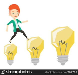 Smiling business woman hopping onto idea light bulbs. Caucasian cheerful business woman jumping on idea bulbs. Concept of business idea. Vector flat design illustration isolated on white background.. Business woman jumping on light bulbs.